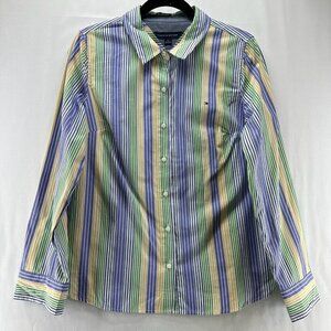 Tommy Hilfiger Shirt Womens M Stripe Button Front Long Sleeve Cotton Blue Yellow